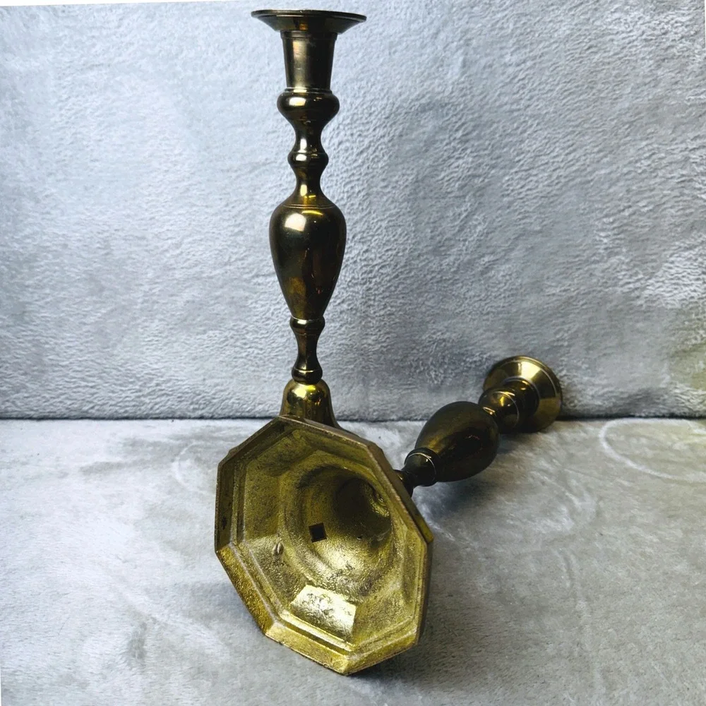 Vtg. Brass Candlesticks Pair 12 Inch Altar Hexagon Base Baluster Stem India Gold
